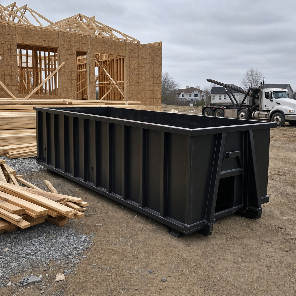 Matte-black 40-yard roll-off dumpster staged on a framed-out residential construction site in Burbank, framing lumber stacked nearby, hooklift delivery truck visible in the background under bright Colorado daylight