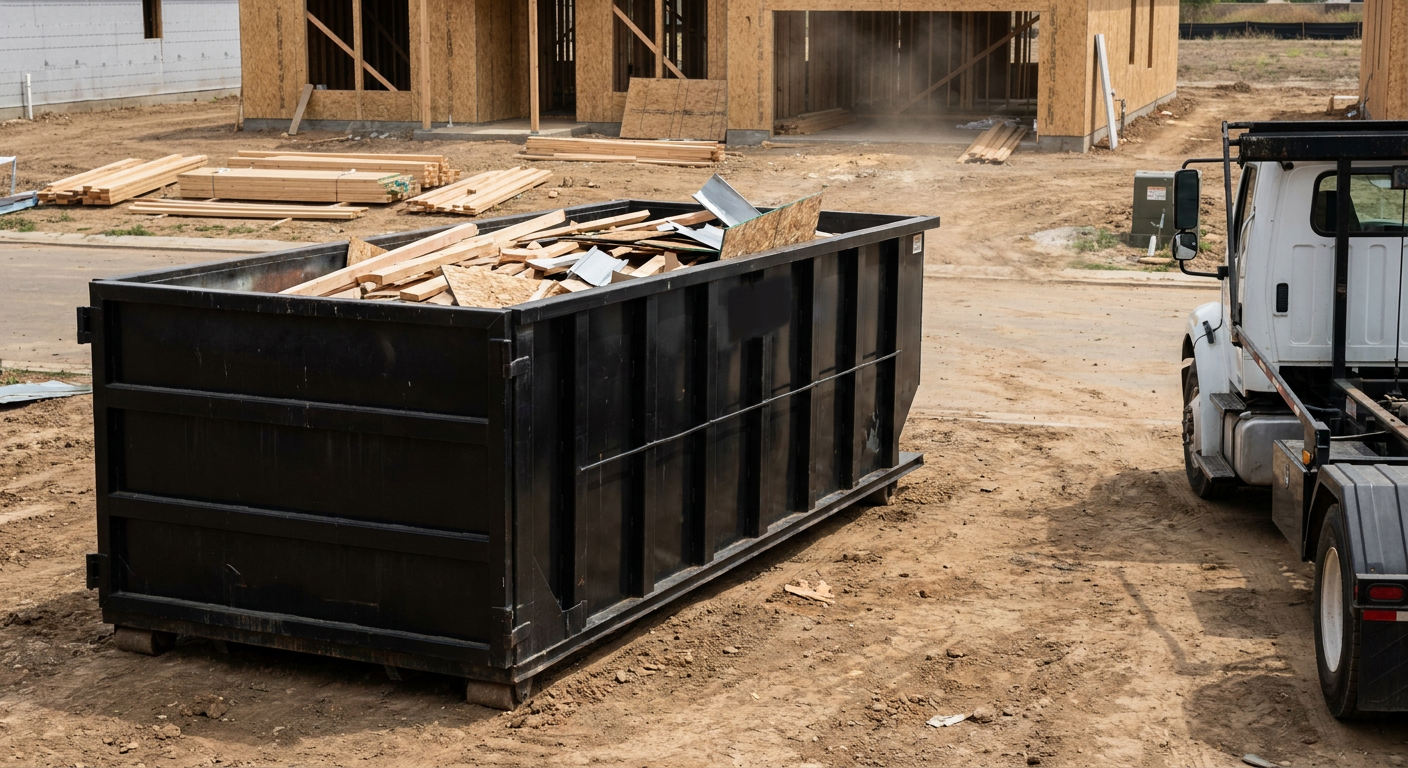 Matte-black 20-yard roll-off construction dumpster with heavy ribbed steel sidewalls and swing rear doors at a working jobsite in Burbank, sitting directly on compacted dirt with an unmarked white hauler partially visible at the far edge of the frame.