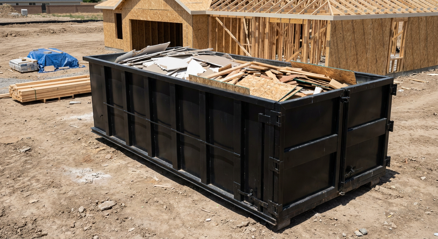 Matte-black 30-yard roll-off construction dumpster sitting directly on the compacted-dirt site of a framed single-family home build in Burbank, drywall and lumber scrap loaded inside.