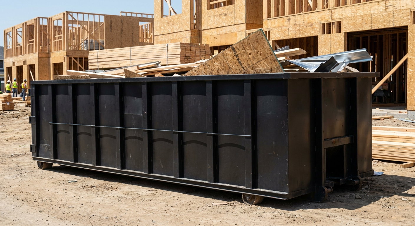 Matte-black 40-yard roll-off construction dumpster being lowered from a white-cab hooklift delivery truck onto the compacted-dirt jobsite at a commercial build site in Burbank