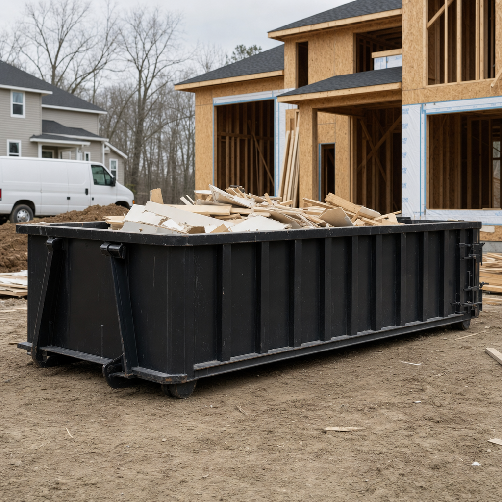 Worker in a yellow high-visibility vest tossing framing lumber and broken drywall into a matte-black 30-yard construction roll-off dumpster on an active build site in Burbank, bright daylight