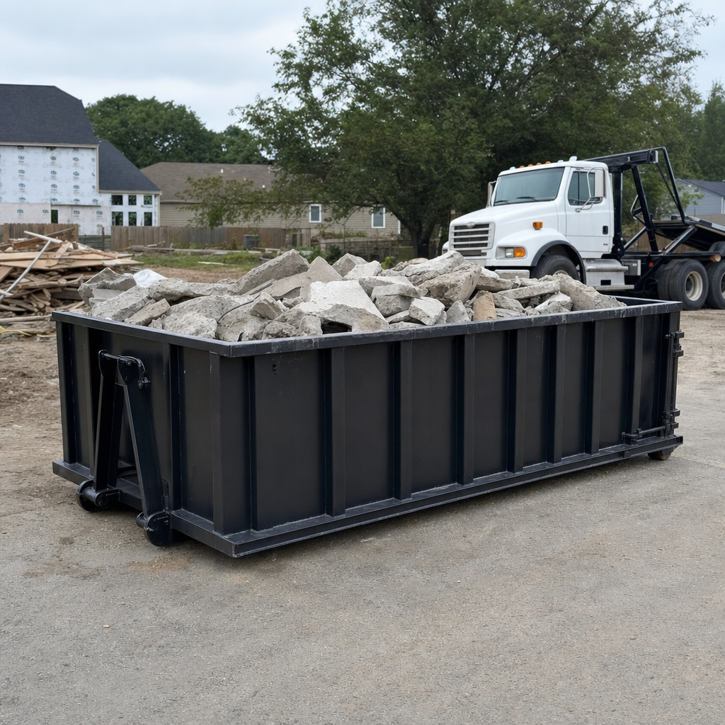 Low-profile matte-black lowboy roll-off dumpster loaded with broken concrete slab and rebar at a foundation tear-out in Burbank, skid steer parked beside it, sunny Colorado morning