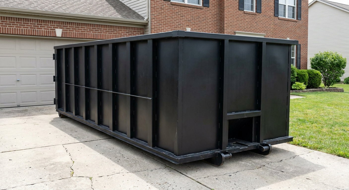 Matte-black 20-yard roll-off container on a Burbank residential concrete driveway with reinforced ribbed steel sidewalls and a hinged rear walk-in door, clean bright daylight.
