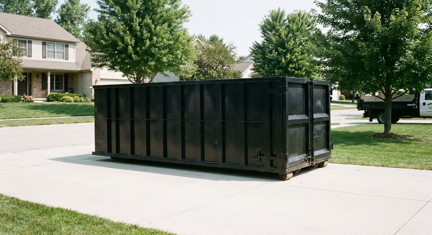 Matte-black 20-yard roll-off dumpster sitting level on a clean Burbank residential concrete driveway under bright daylight, demonstrating clean placement directly on the concrete.