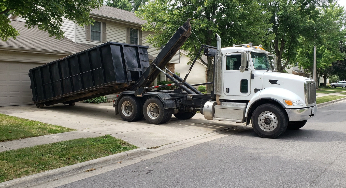 White-cab hooklift roll-off truck actively lowering a matte-black dumpster onto a Burbank residential concrete driveway, the dumpster's rear wheels touching the driveway as the hoist arm tilts the bed forward, mid-morning daylight.