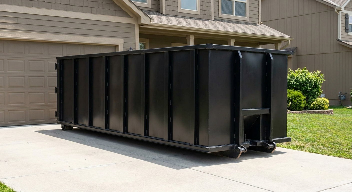Matte-black residential roll-off dumpster sitting directly on a suburban Burbank concrete driveway, garage door closed, single-family home in background, bright morning daylight.