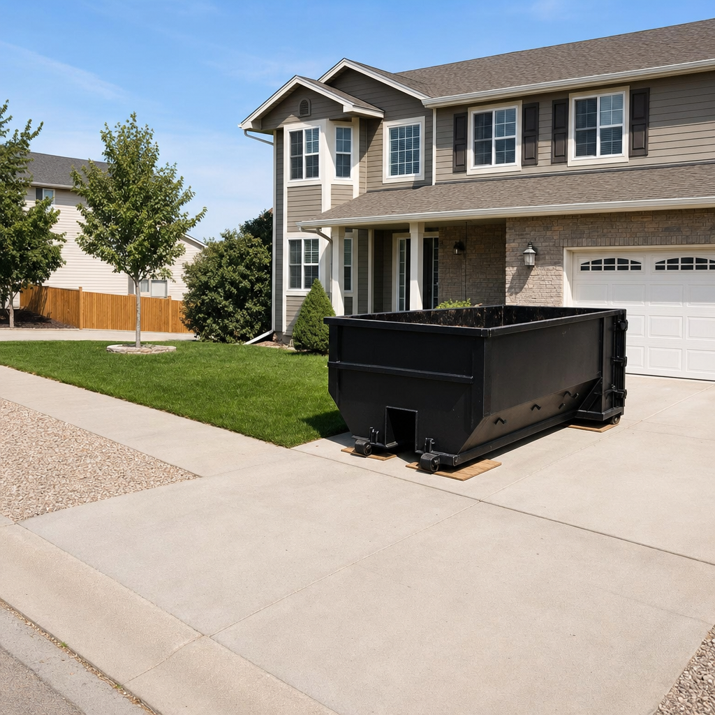 10-yard matte-black residential dumpster placed directly on a narrow Burbank concrete driveway, room remains for a parked sedan beside it, mid-morning natural light