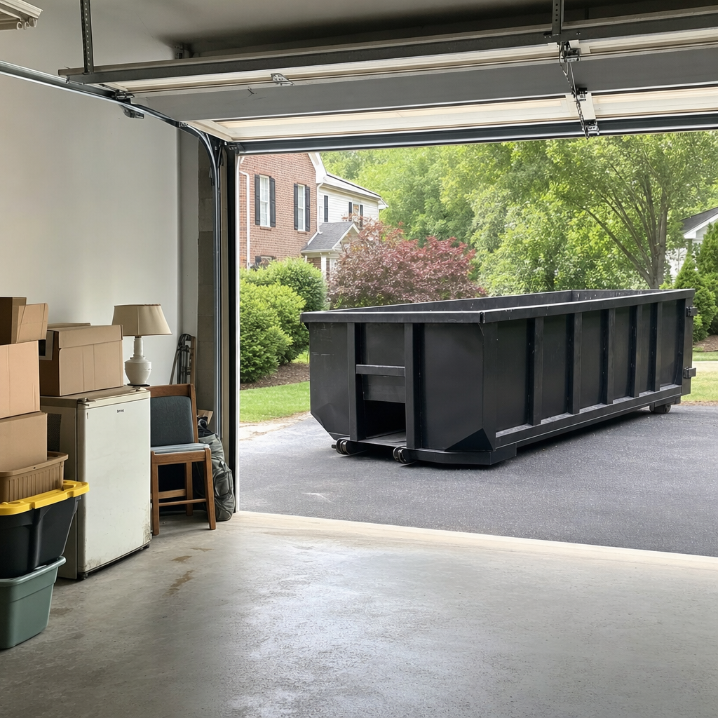 Open garage interior in a Burbank home mid-cleanout — boxed items, an old appliance, and stacked yard tools queued near the driveway for a matte-black roll-off dumpster, organized and calm