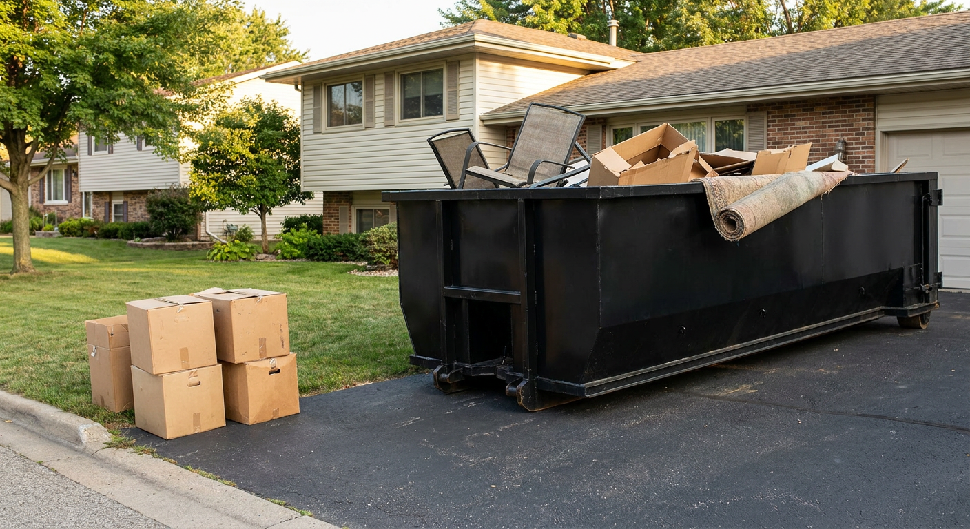 Front-yard view of a Burbank split-level home with a 20-yard matte-black roll-off dumpster sitting directly on the asphalt driveway, a few clearly labeled donation boxes staged at the curb, calm sunny afternoon.