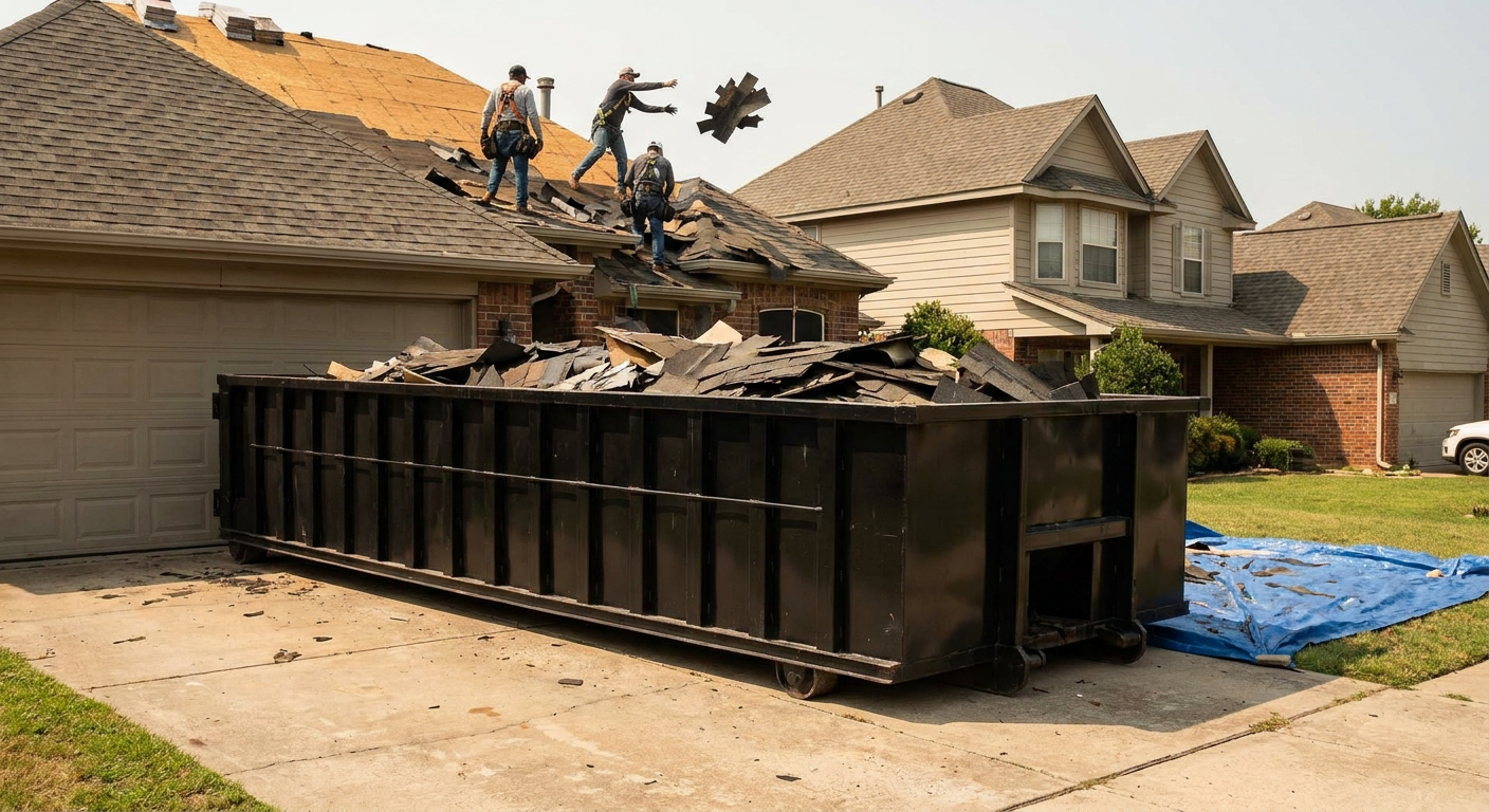 Matte-black roofing roll-off dumpster placed directly on a Burbank residential concrete driveway, a tear-off crew on a two-story asphalt-shingle roof tossing shingle bundles into the low-walled container, bright daylight, documentary 35mm perspective.