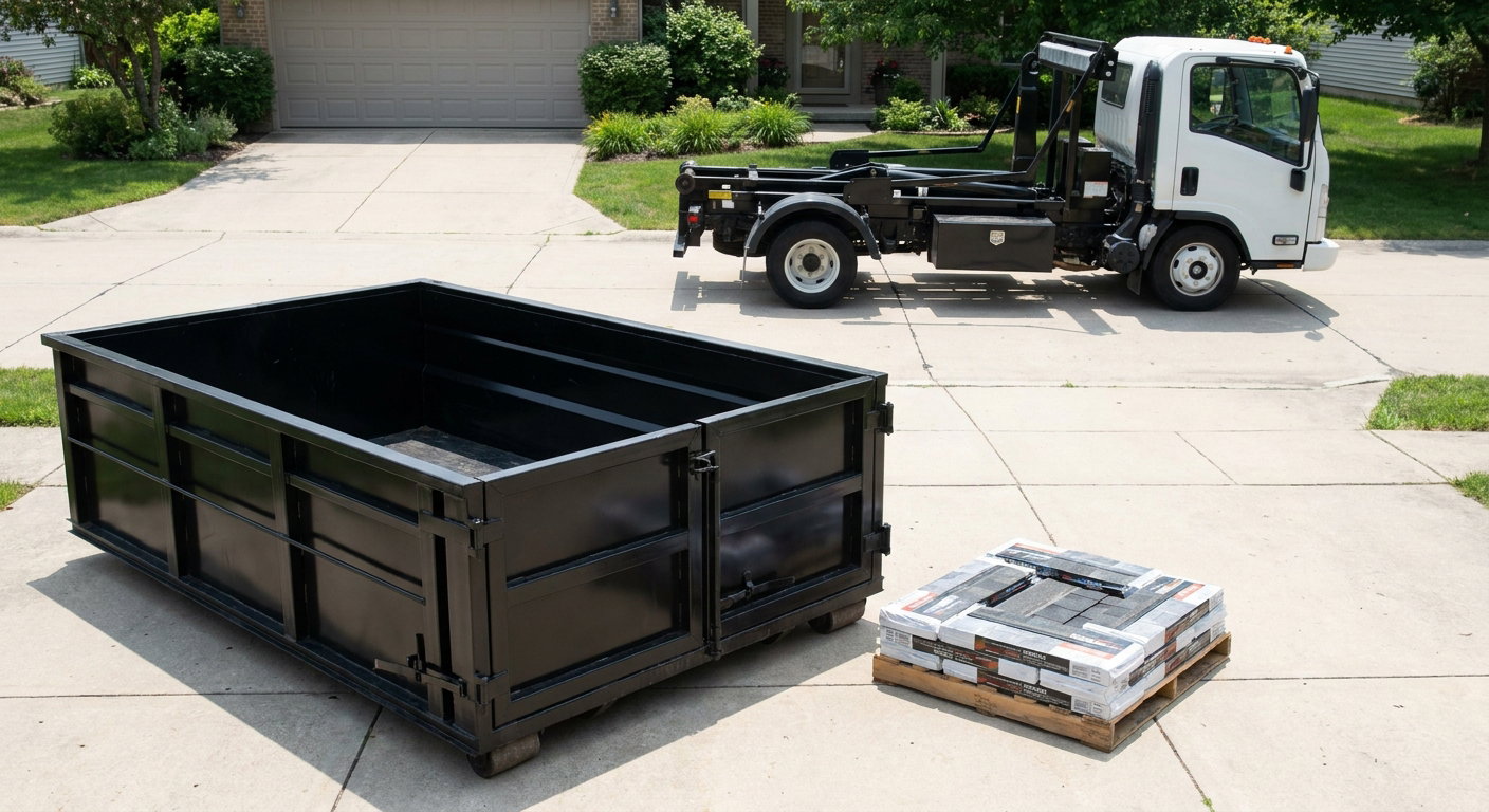 Matte-black 15-yard roofing roll-off dumpster with reinforced low side walls sitting directly on a Burbank residential concrete driveway, three-tab asphalt shingle bundles stacked nearby, an unmarked white hauler truck partially visible at the edge of the frame.