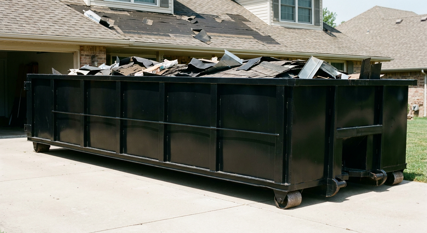 Matte-black 20-yard roofing roll-off dumpster with steel ribbed sides and swinging rear door, sitting directly on the concrete driveway of a two-story Burbank home, asphalt shingle debris being loaded over the low wall, clean documentary lighting.