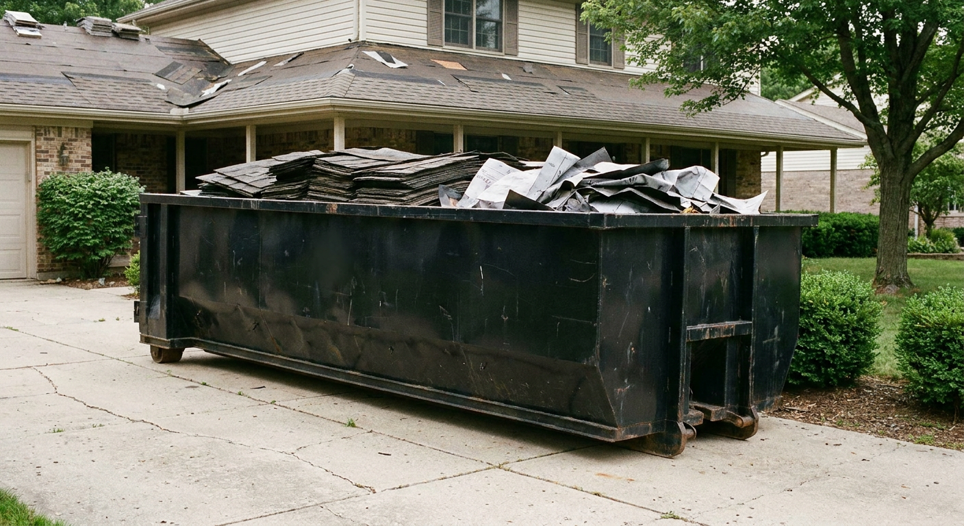 Matte-black 30-yard roofing roll-off dumpster sitting directly on a Burbank concrete driveway, taller ribbed steel side panels, mixed tear-off debris of asphalt shingles and underlayment inside, professional documentary daylight.