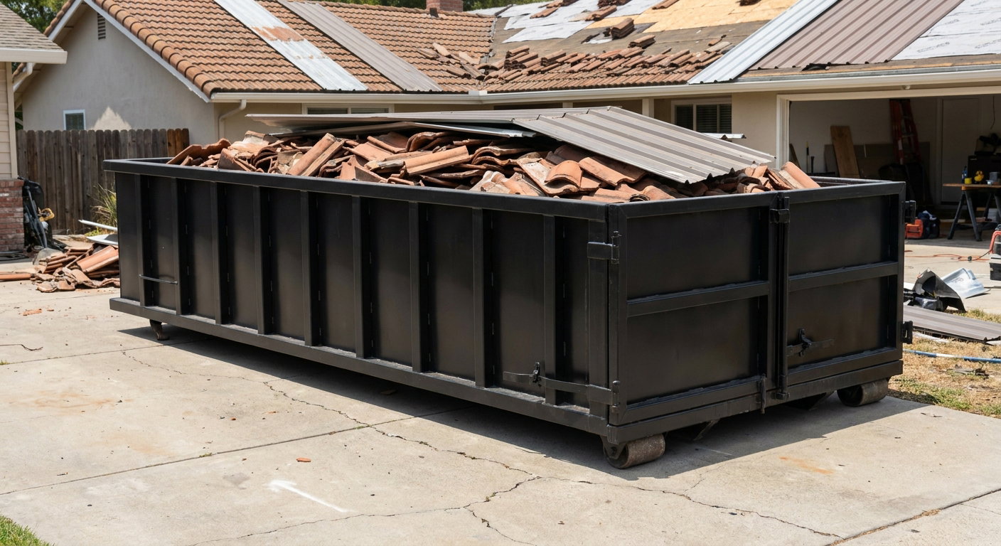 Matte-black low-wall heavy-debris roofing roll-off dumpster sitting directly on a Burbank concrete driveway, broken concrete clay roof tiles and metal panel sections loaded inside, reinforced ribbed steel side walls visible, bright outdoor daylight.