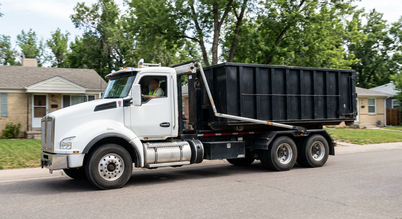 A wide documentary shot of a matte-black roll-off delivery truck pulling onto a quiet Burbank residential street at mid-morning, with neighborhood rooftops and tree-lined blocks visible behind, showing the metro coverage footprint.