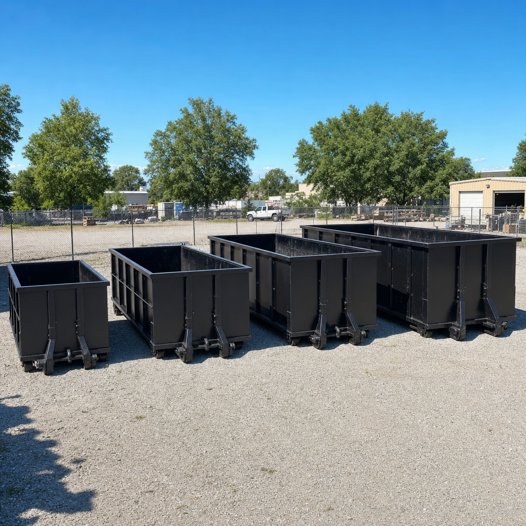 A clean lineup of matte-black roll-off dumpsters in 10, 20, 30, and 40-yard sizes staged on a sunlit gravel yard in Burbank, showing the size progression from compact to commercial-scale containers.