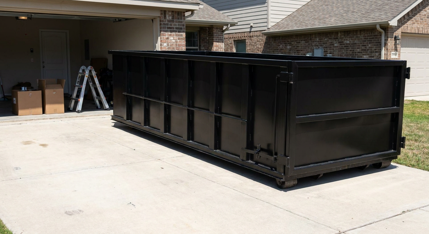 A matte-black 10-yard roll-off dumpster sitting directly on a residential Burbank concrete driveway, mid-day sunlight, clean and ready for a garage cleanout.