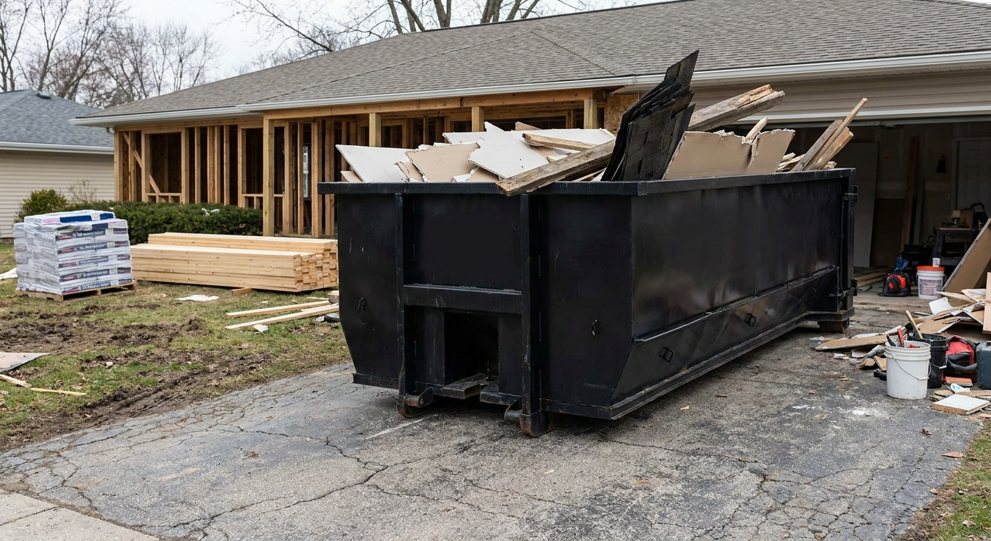 A matte-black 20-yard roll-off dumpster placed alongside a mid-renovation Burbank home directly on the asphalt driveway, with framing materials and torn-off shingles staged neatly nearby.
