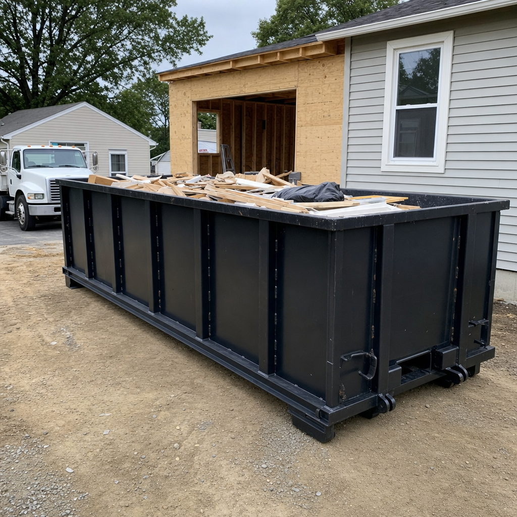 A matte-black 30-yard roll-off dumpster positioned at a Burbank residential addition jobsite, with framing lumber and drywall scraps loaded through the open swinging rear doors.