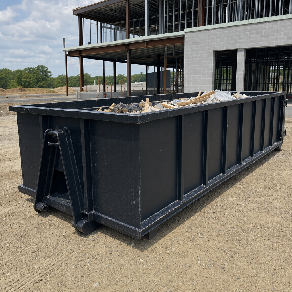 A matte-black 40-yard roll-off dumpster staged on a large Burbank commercial construction lot, with a hooklift delivery truck parked alongside under bright midday sky.