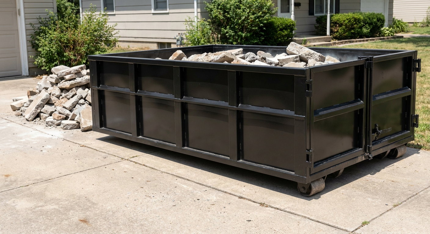 A matte-black low-side heavy-debris roll-off dumpster placed directly on a Burbank concrete driveway, with broken concrete chunks neatly stacked beside it under clean daylight.