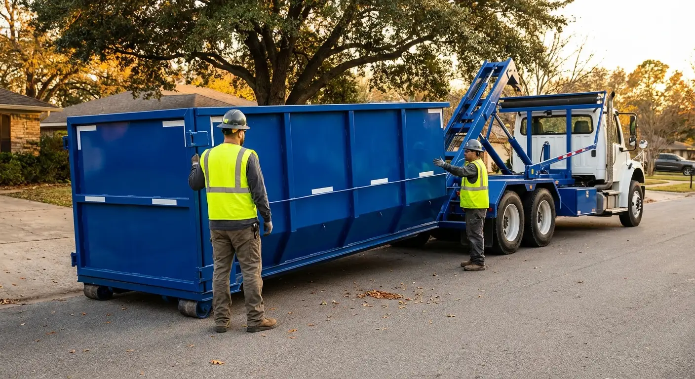 Roll-off dumpster delivery truck in operation in Burbank, CA
