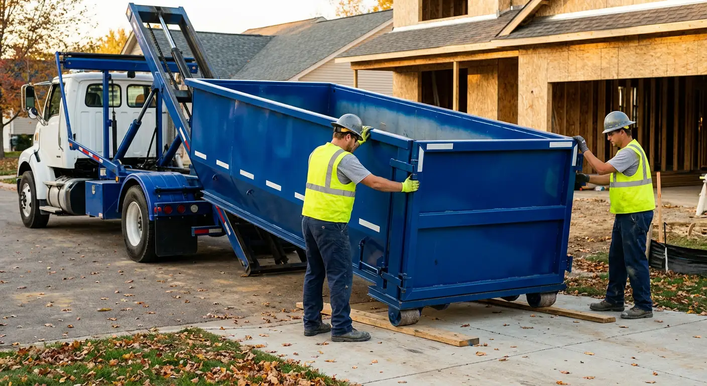 Roll-off dumpster delivery truck in residential area in Burbank, CA