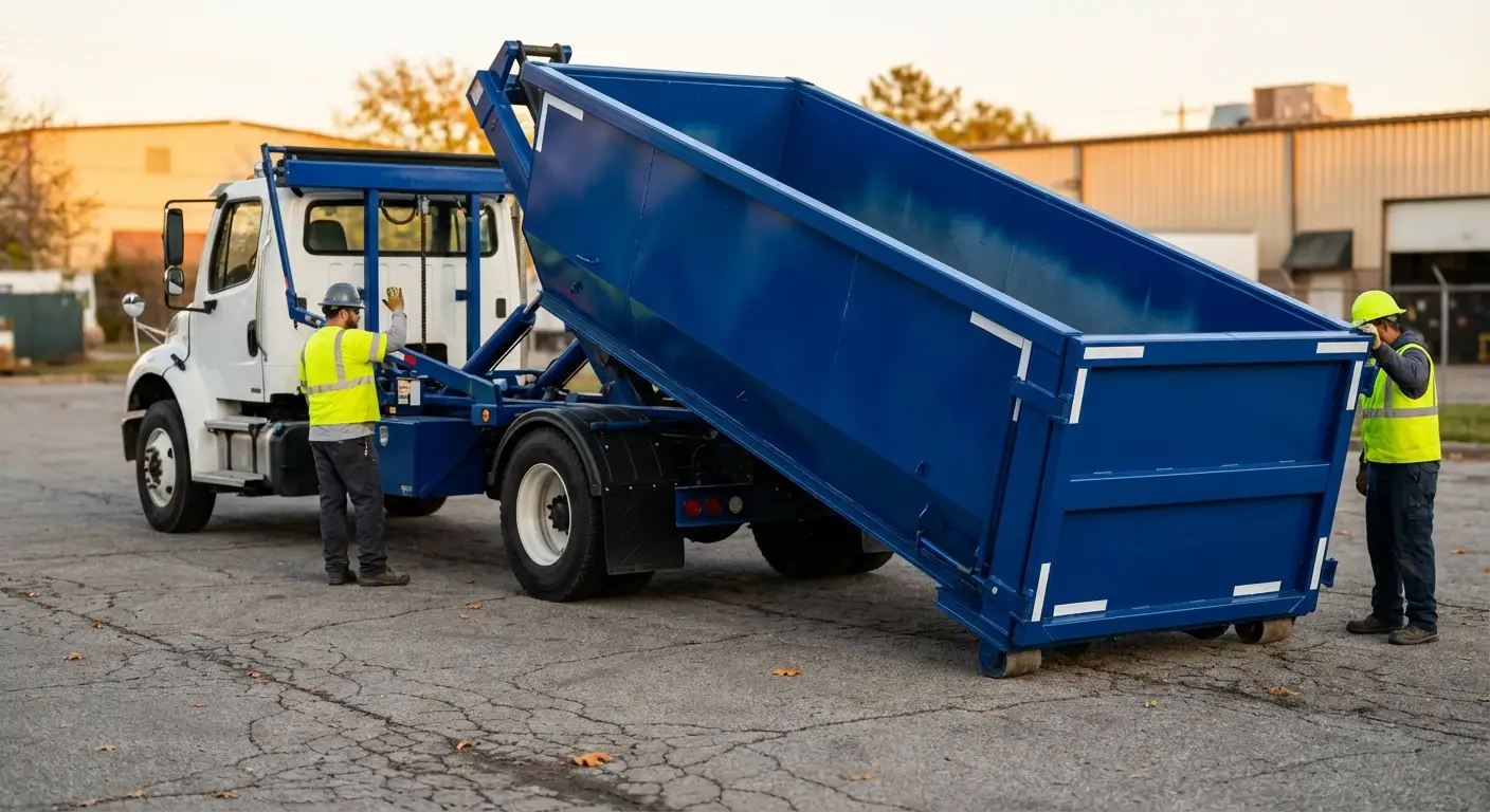 Roll-off dumpster rental truck protecting driveway surfaces in Burbank, CA